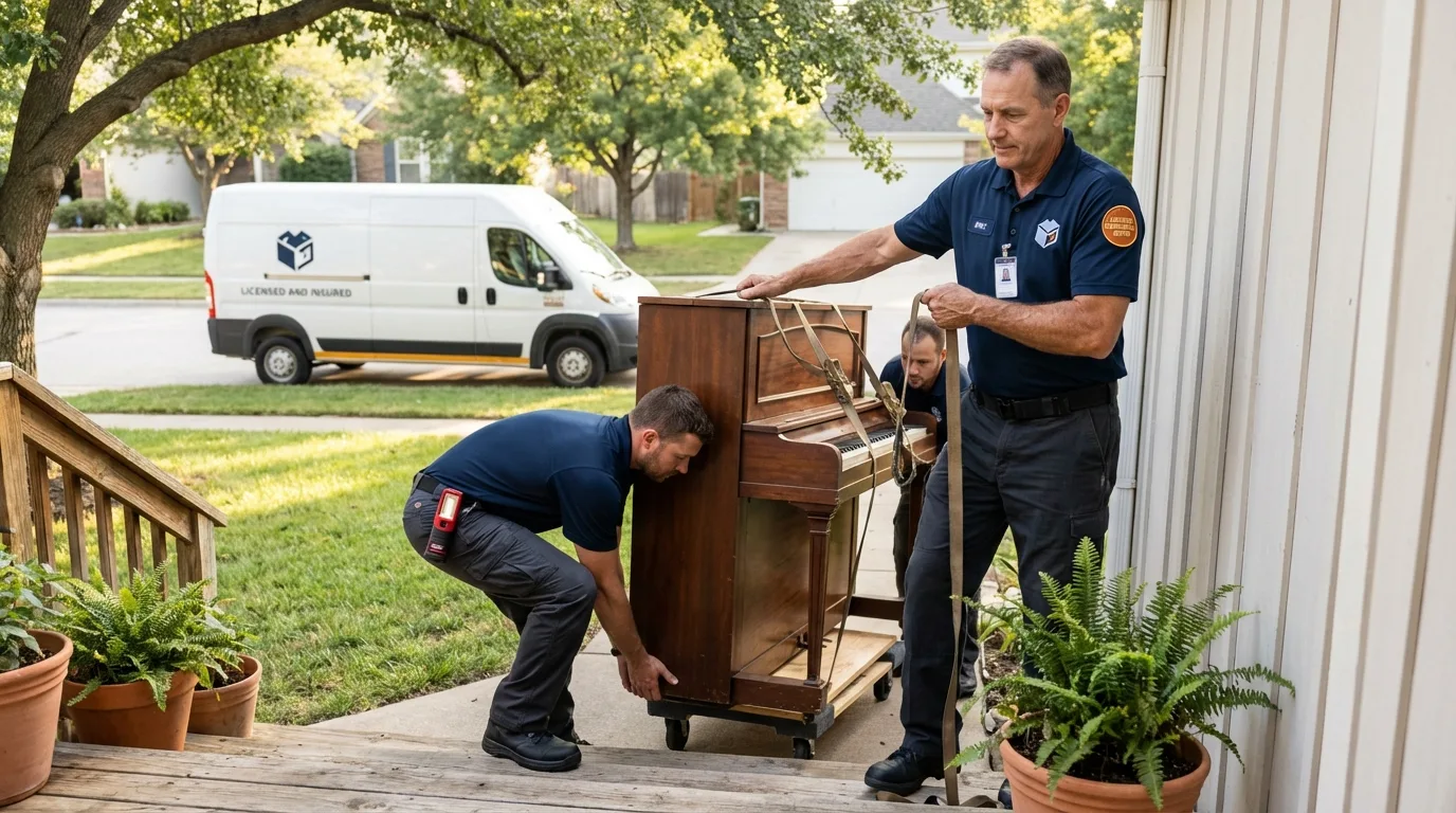 Licensed piano movers securing grand piano in Howard City, MI