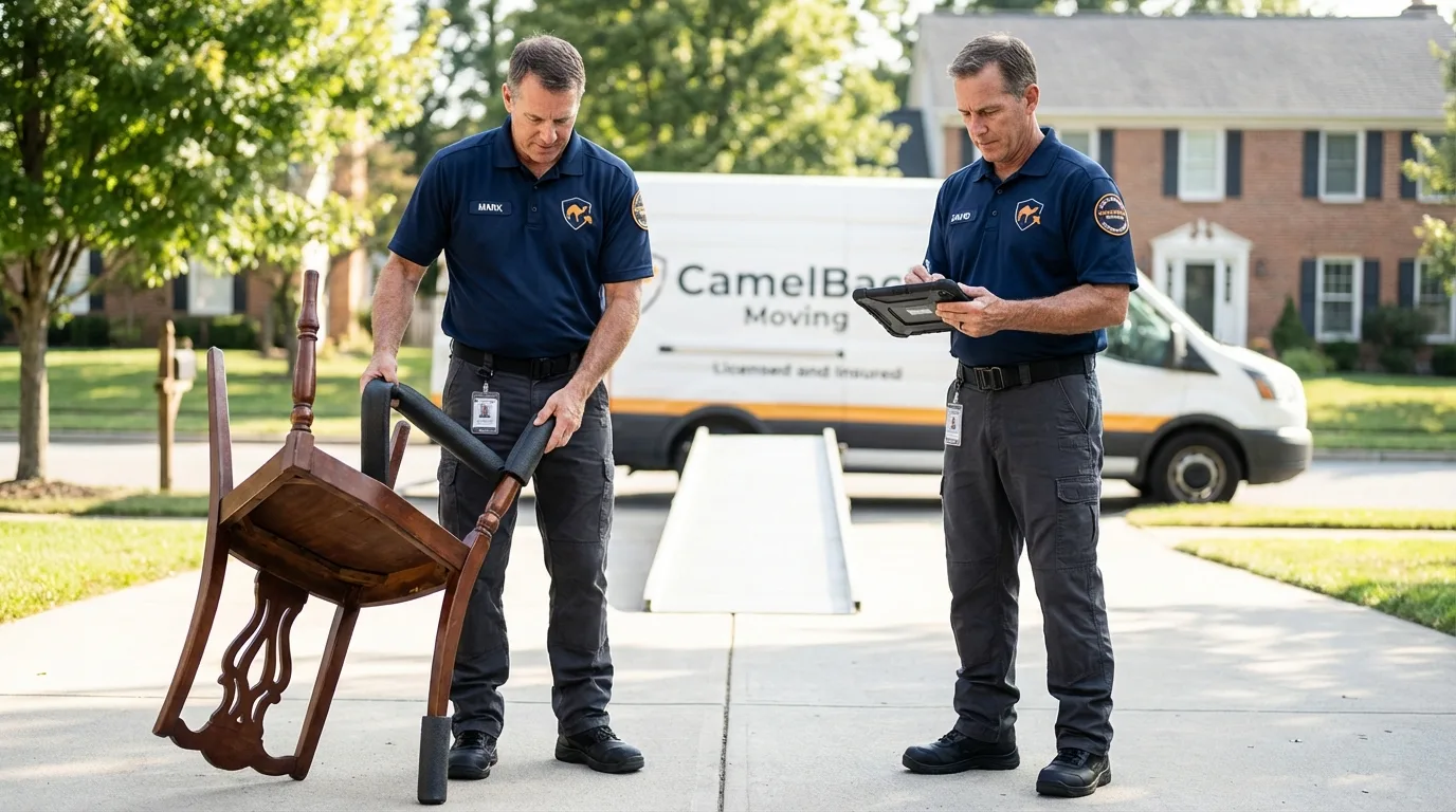 Movers inspecting furniture for damage prevention before loading in Howard City, MI