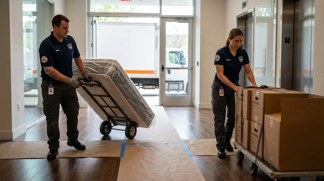 Professional apartment movers loading elevator in Howard City, MI