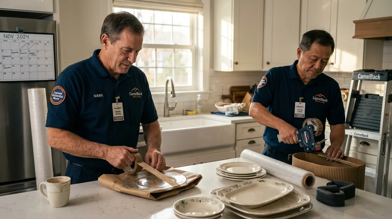 Professional crew packing kitchen dishware in Howard City, MI